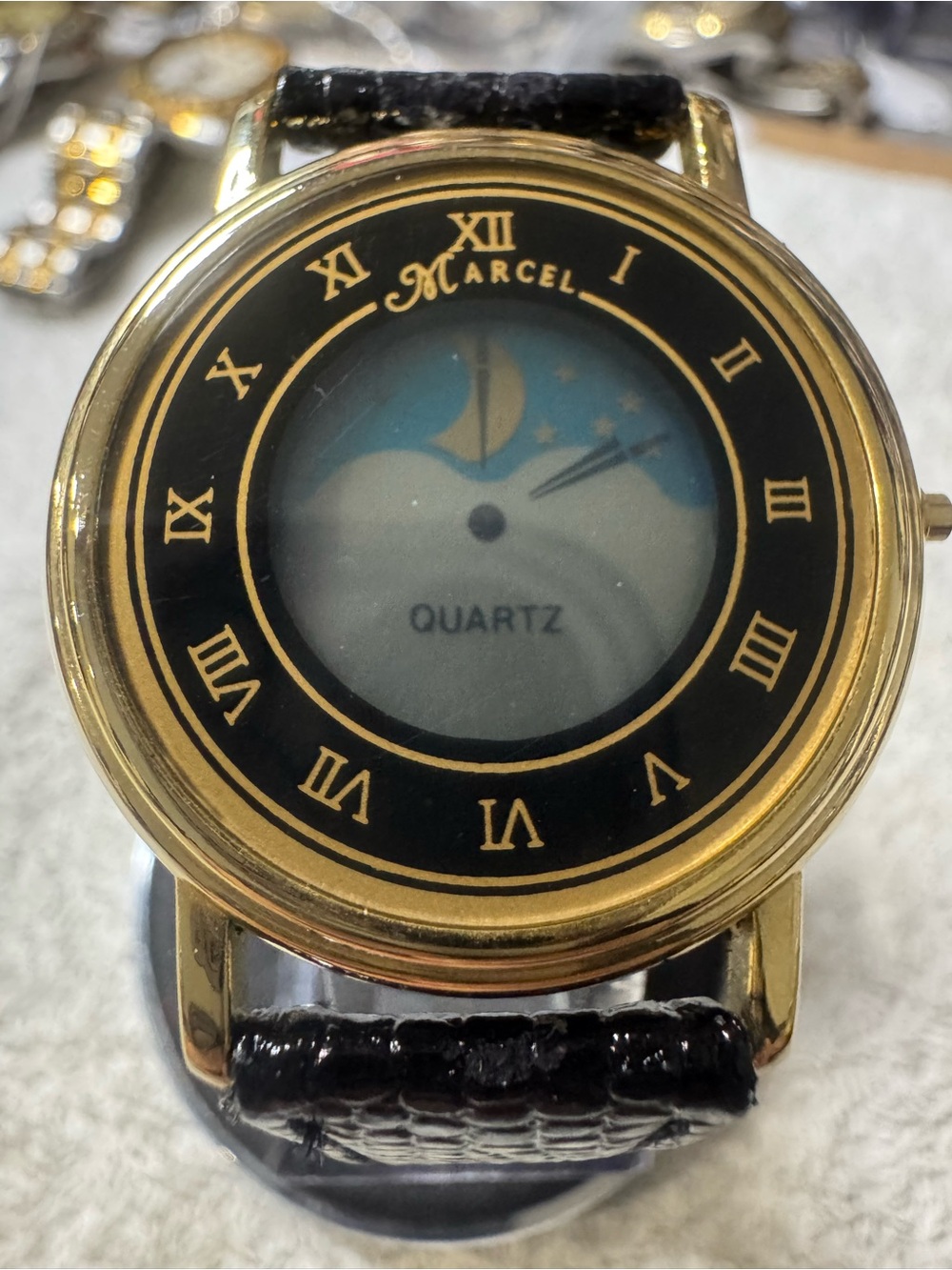 Gold-Tone Quartz Watch with Black Dial and Black Strap